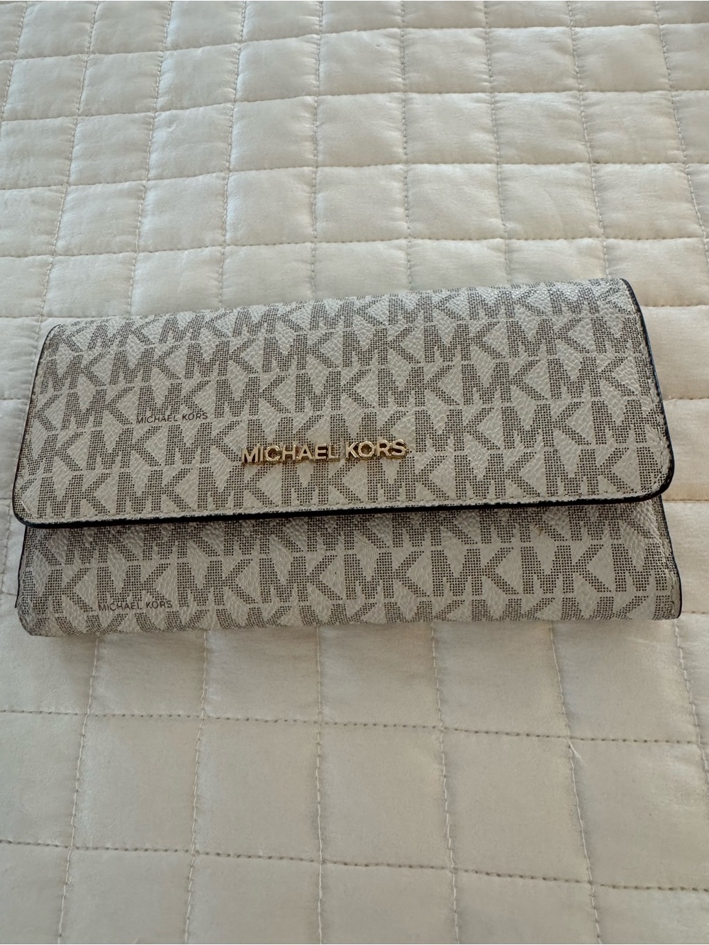 Michael Kors Taupe Signature MK Clutch with Gold Logo